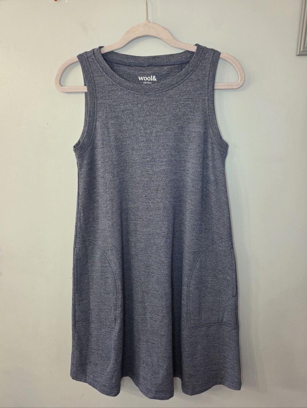 Wool & Merino Wool Blend Sleeveless Straight Midi Dress Pockets Heather Blue XS